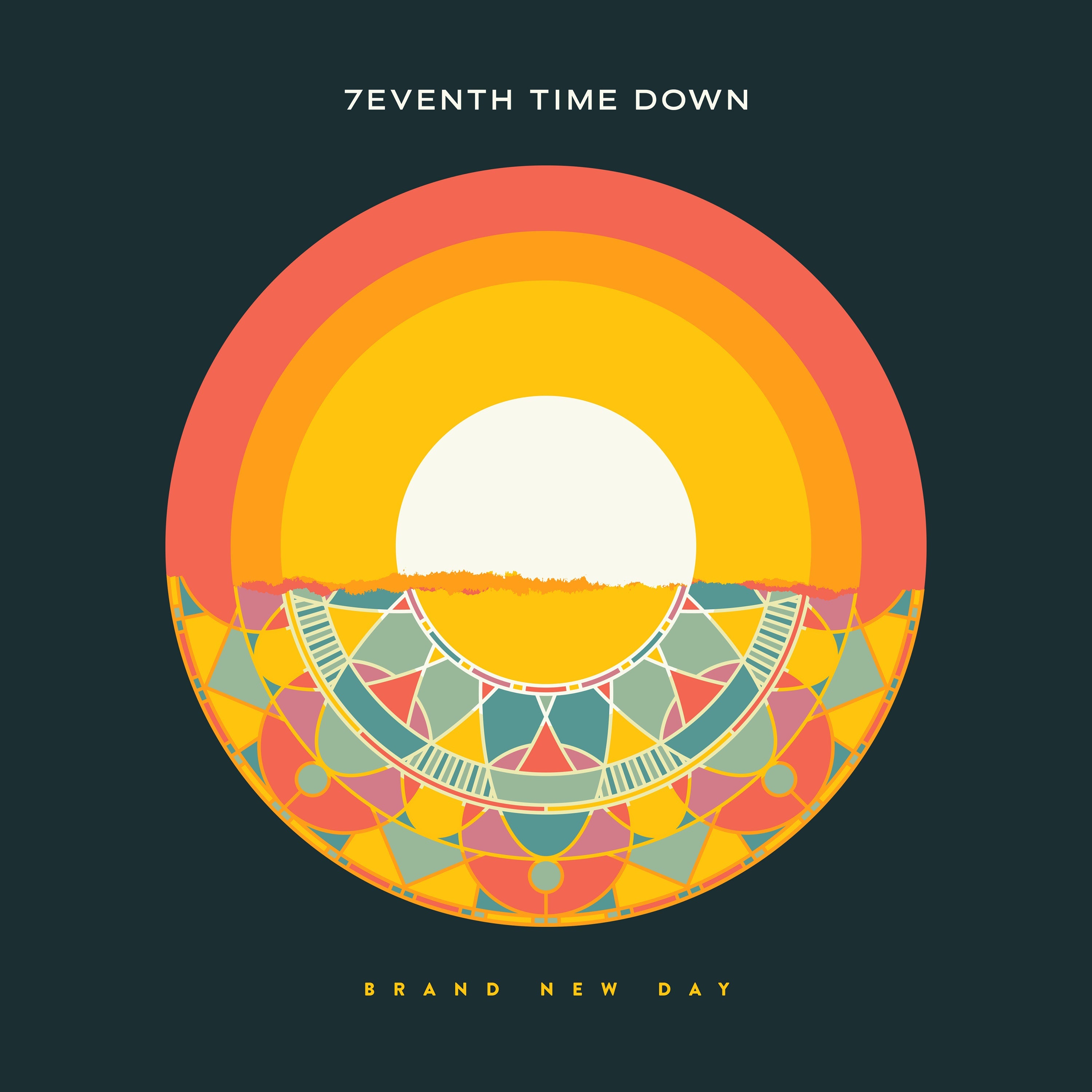 image of a cd for the band 7eventh time down titled brand new day. image of a circle in the center that is orange, and yellow and has an abstract design at the bottom